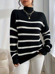 Striped Mock Neck Pullover Sweater for Women