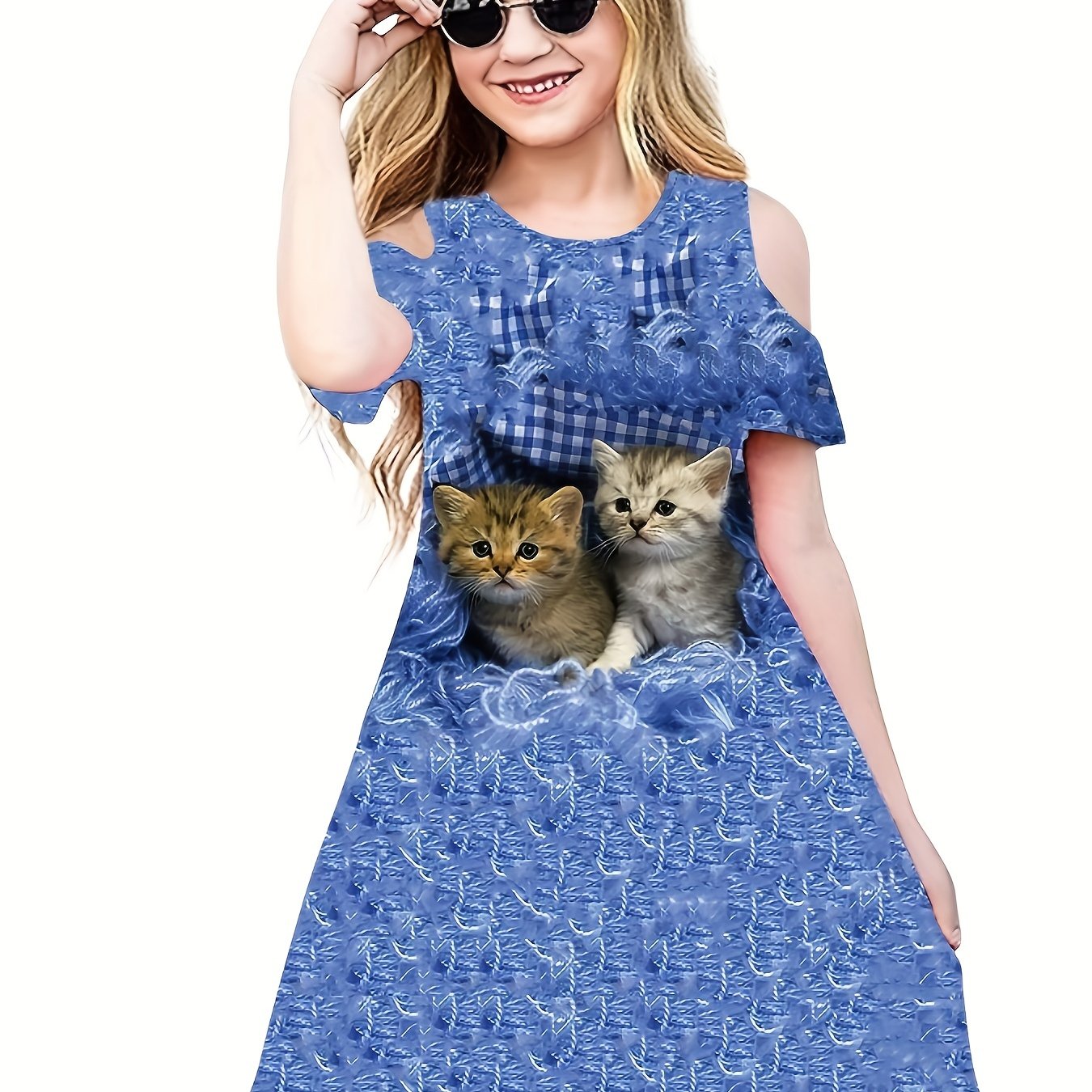 Girls 3D Kitty Graphic Cold Shoulder Dress Sweet Summer Gift