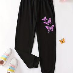 Girls Purple Butterfly High Waist Sweatpants