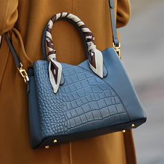 Crocodile Pattern Leather Tote Bag with Scarf Handle
