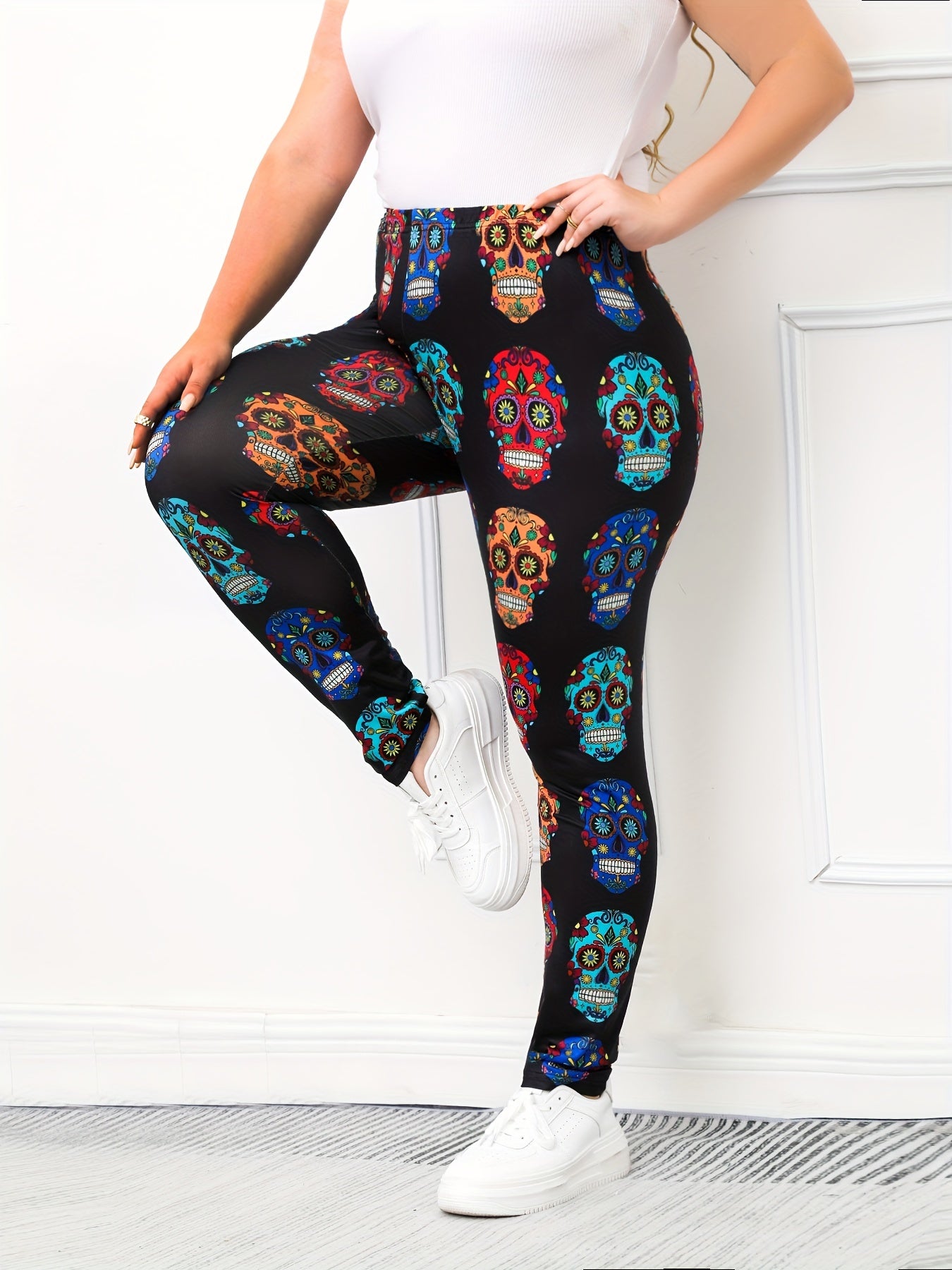Floral Skull Print Leggings Stretch Skinny Yoga Pants