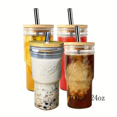 24oz Clear Glass Cup with Wooden Lid & Steel Straw