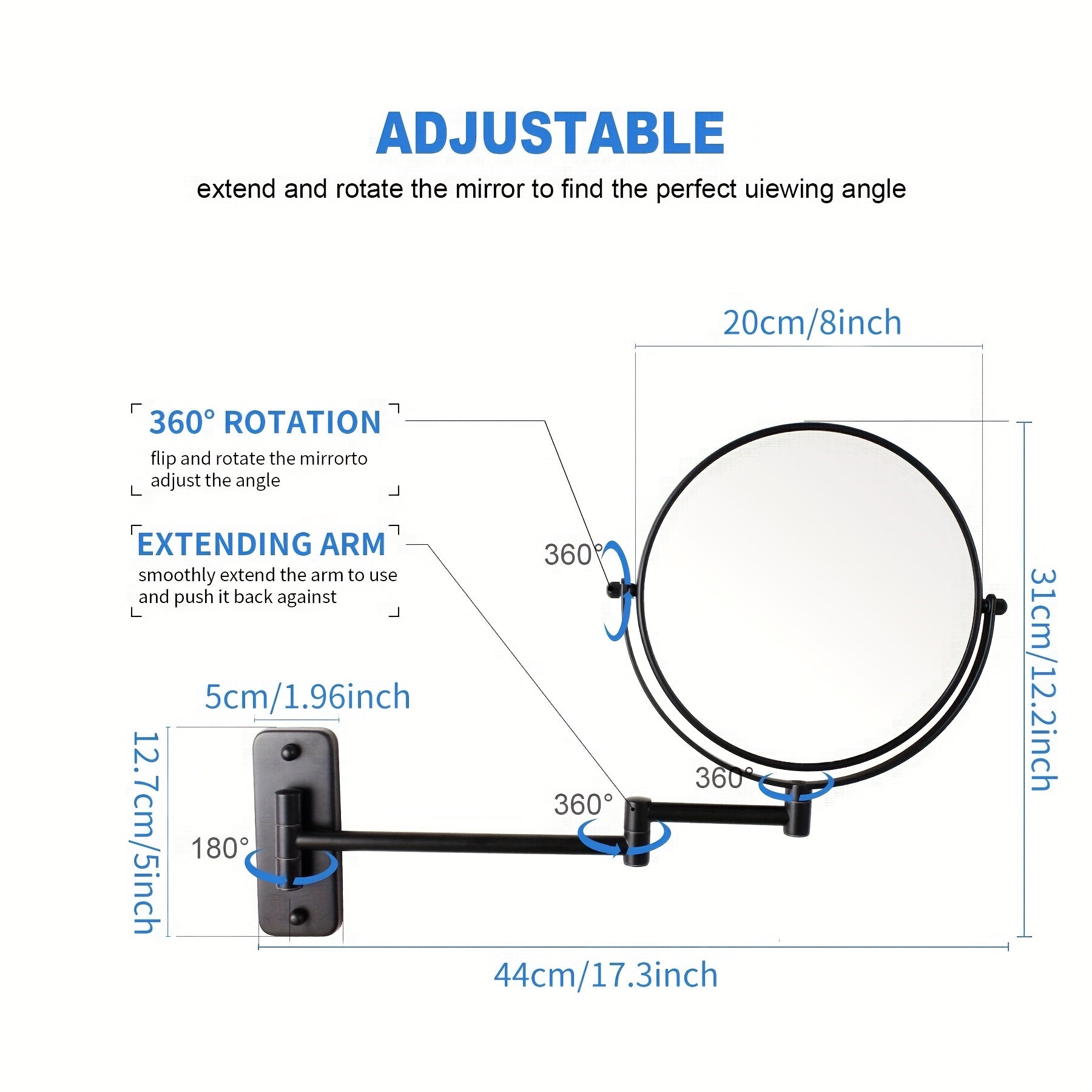 10X Magnification Wall Mounted Makeup Mirror 360 Swivel Extendable Arm
