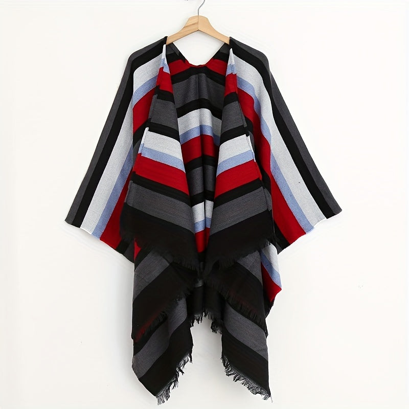 Striped Block Shawl Tassel Wraps Cashmere Large Blanket Scarf Vintage Cardigan