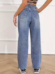 Dark Mid Waist Straight Jeans Loose Fit Baggy Casual Non Stretch Denim Pants