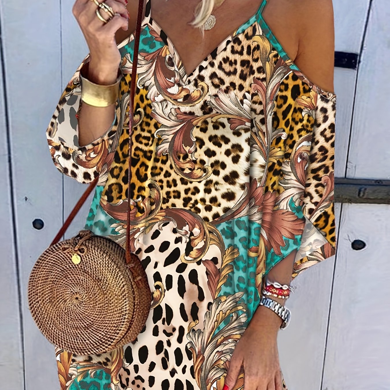 Colorblock Leopard & Baroque Print Cold Shoulder Dress