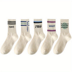 5 Pairs Letter Print Striped Socks Mid Tube Socks Women's Stockings