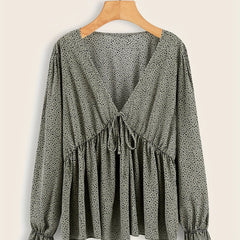 Dot Print Lantern Sleeve Blouse