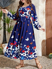 Women's Plus Butterfly & Floral Print Long Sleeve Round Neck Maxi Dress