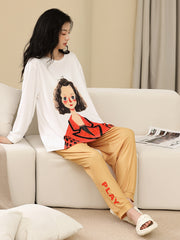 Cartoon Print Pajama Set Crew Neck Top & Pants