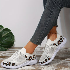 Leopard Printed Knitted Sports Shoes Low Top Running Casual Walking Sneakers