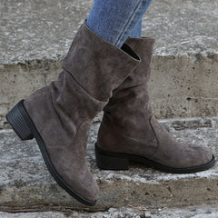 Mid Calf Retro Slouch Boots Low Heel Slip On Round Toe