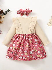 2pcs Floral Print Set: Knitted Ditsy Dress & Bow Headband for Party Baby Clothes