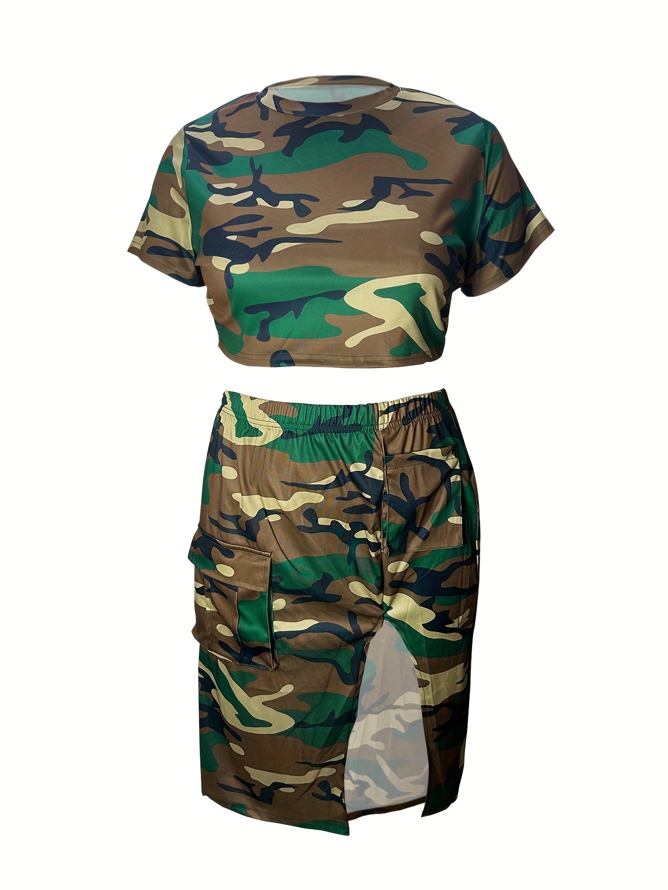 Women's Plus Camo Crop Top & Split Skirt Outfit Two Piece