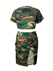 Women's Plus Camo Crop Top & Split Skirt Outfit Two Piece