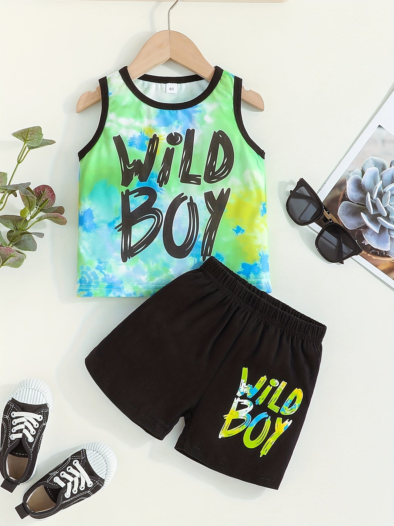 Boy's Tank Top & Shorts Set WILD BOY Tie Dye Print Casual Summer Clothes