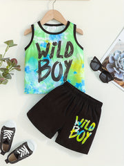 Boy's Tank Top & Shorts Set WILD BOY Tie Dye Print Casual Summer Clothes