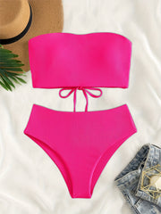 Rib Knit Bikini Set Bandeau Tube Top Tie Back High Cut Swimsuit