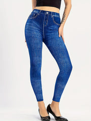 Denim Print High Waist Skinny Leggings Vintage Stretchy Leggings