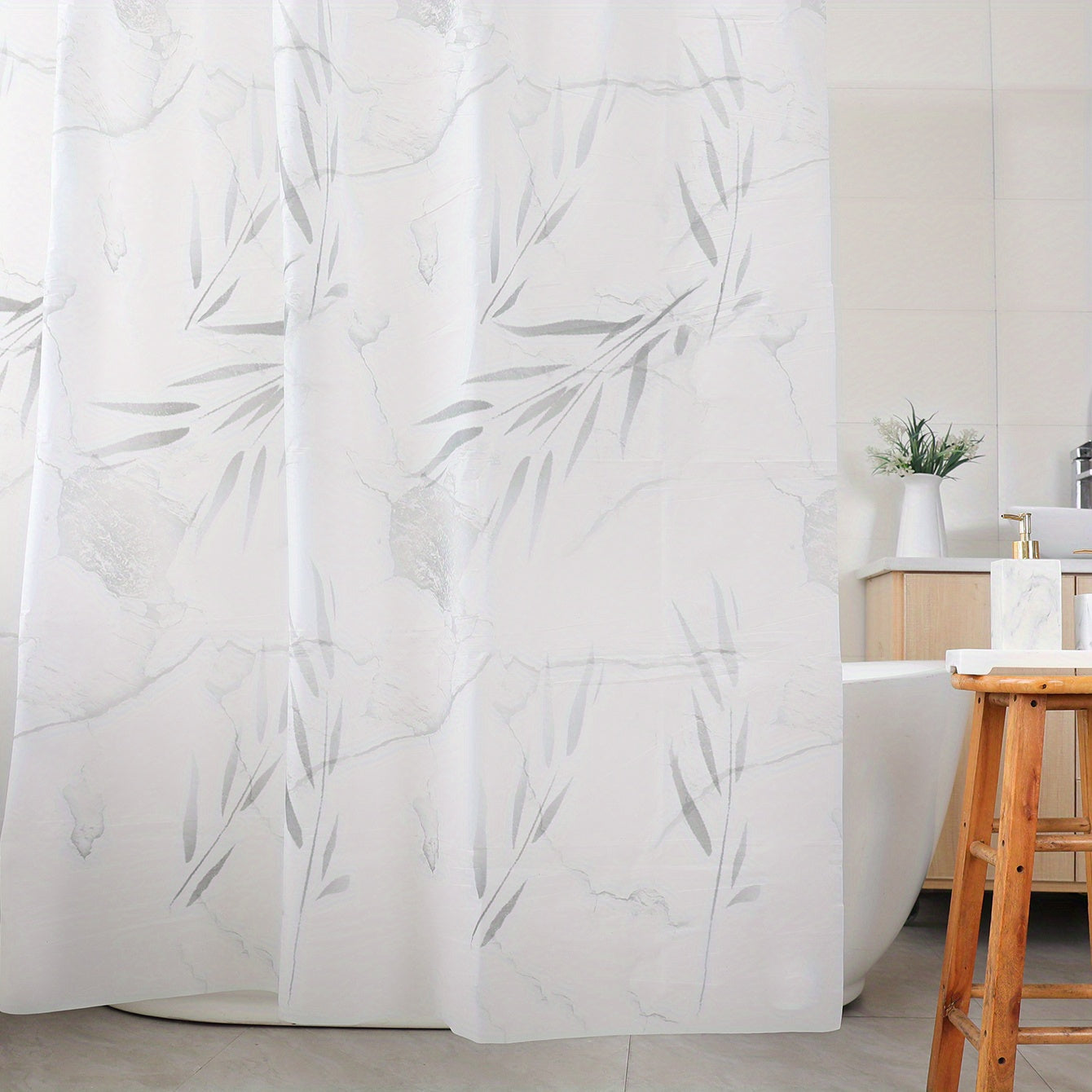 Gray Bamboo Leaf Pattern Shower Curtain Waterproof