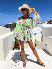 Scrollwork Print Cover Up Set V Neck Beachwear Swimwear