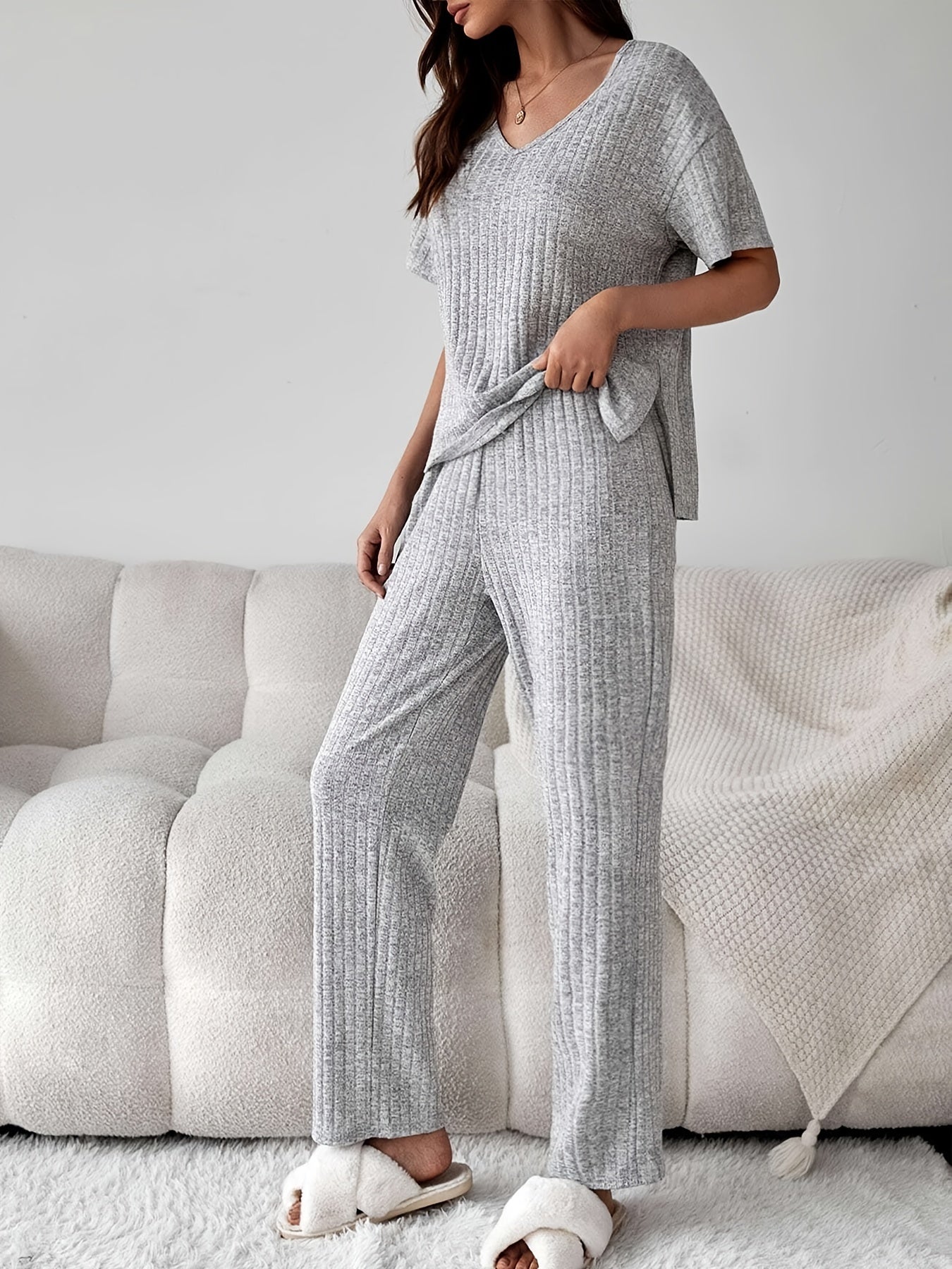 Ribbed Lounge Set Short Sleeve Top & Pants Women's Loungewear