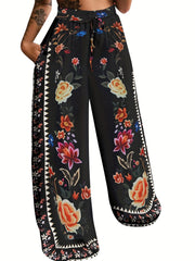 Peacock Print Wide Leg Pants Retro Drawstring Palazzo Pants