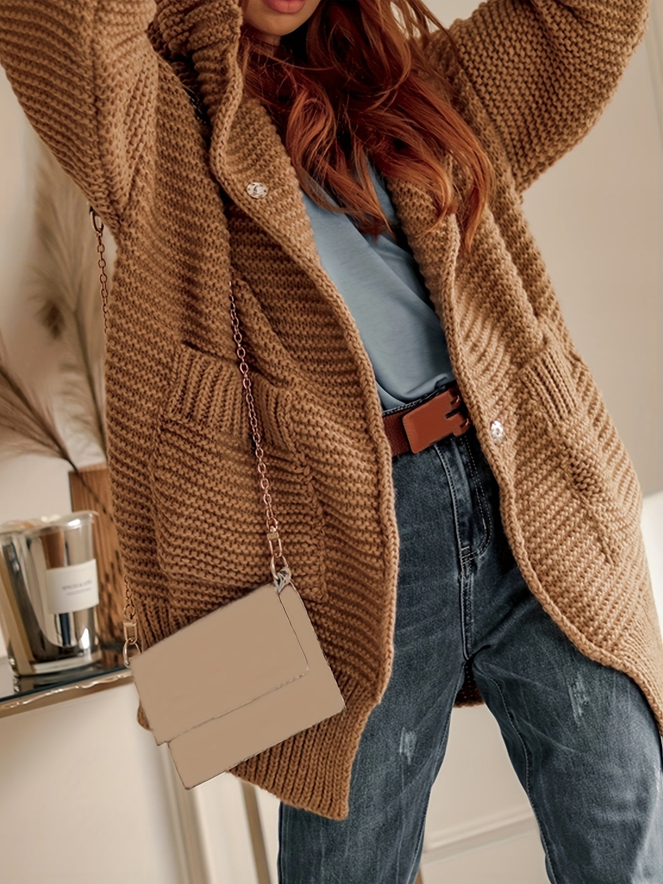 Solid Open Front Hooded Sweater Cardigan With Pockets