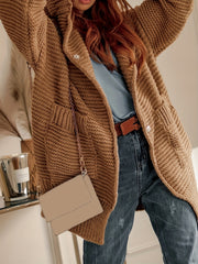 Solid Open Front Hooded Sweater Cardigan With Pockets