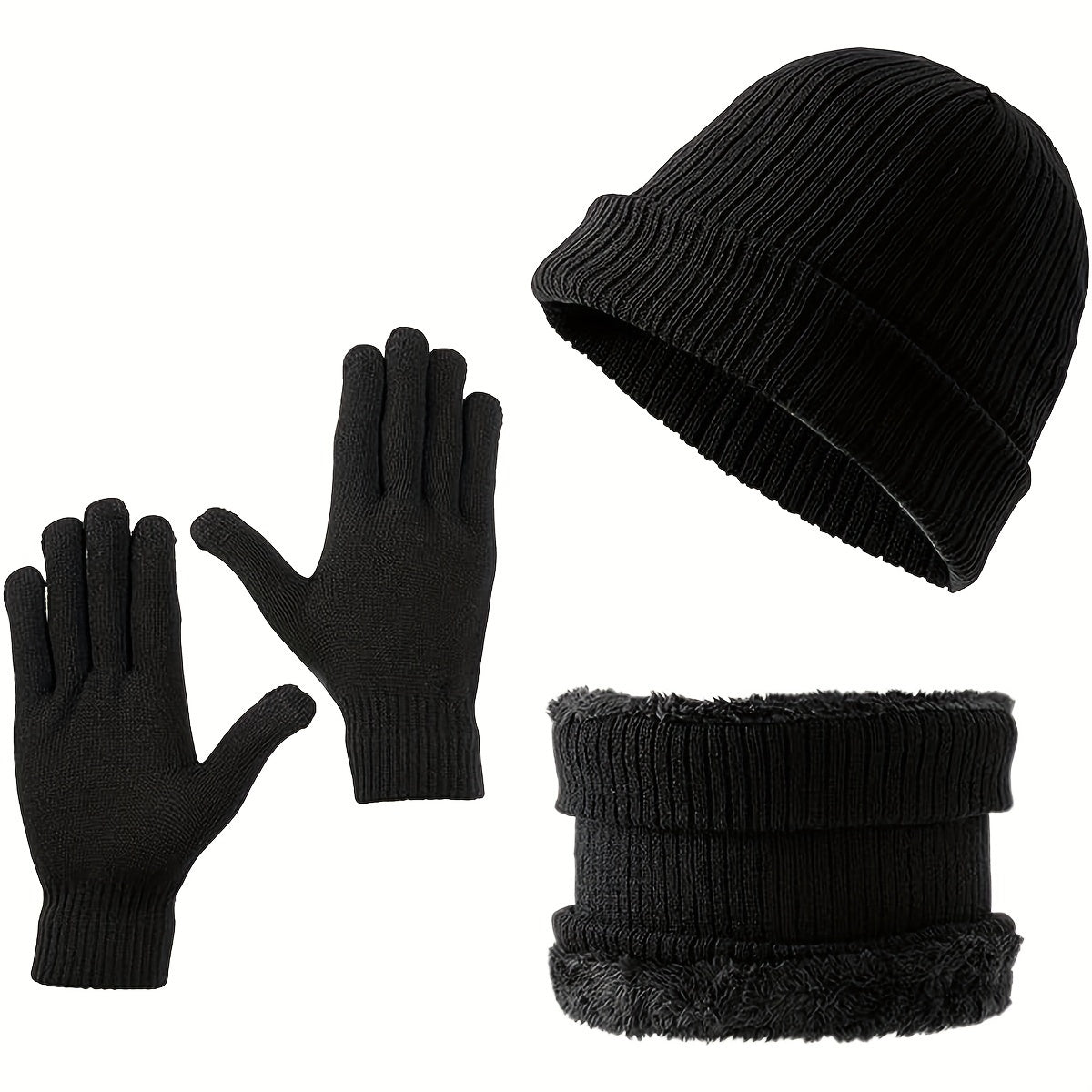 3 Piece Set Winter Scarf Gloves Hat Plus Velvet Knitted Warm Solid Breathable