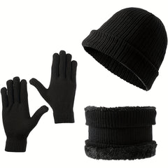 3 Piece Set Winter Scarf Gloves Hat Plus Velvet Knitted Warm Solid Breathable