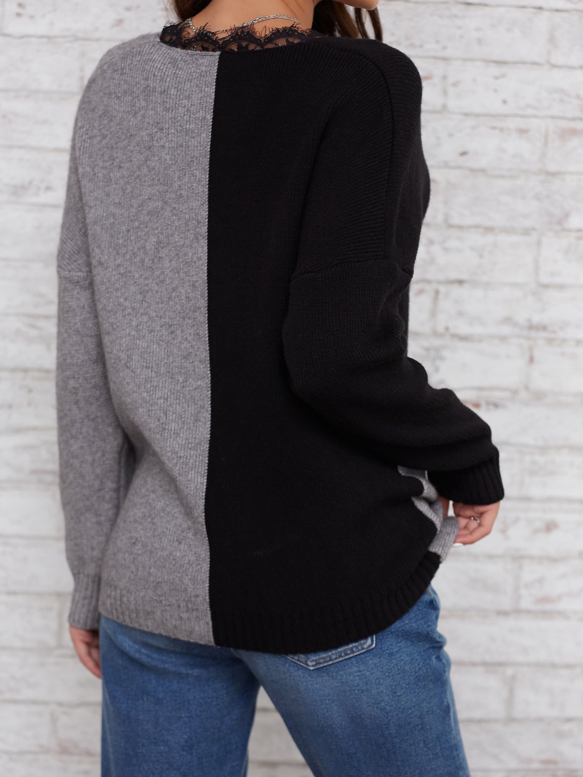 Contrast Lace Block Knit Sweater V-Neck Long Sleeve Casual Pullover