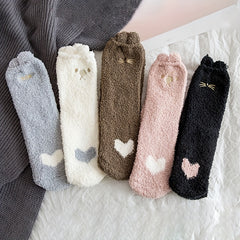 5 Pairs Heart Print Socks Warm Women's Stockings & Hosiery