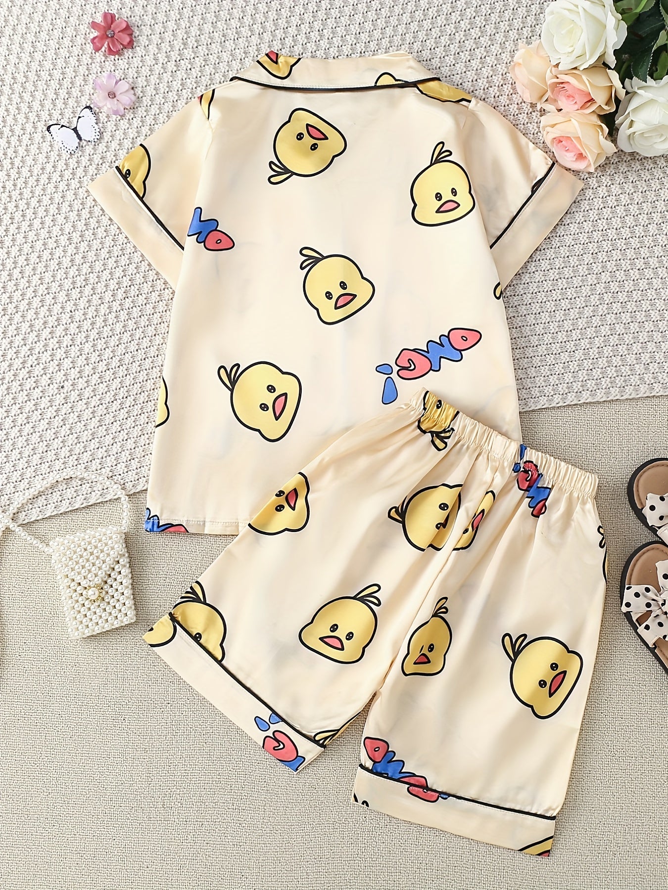 Girls Duck Print Button Down Top & Shorts Set Comfortable Loungewear