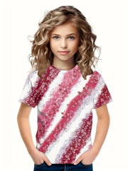 3D Stripped Short Sleeve T shirt Girls Comfy Pullover Tops Summer