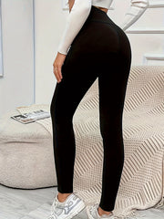 Solid Button Detail High Rise Leggings