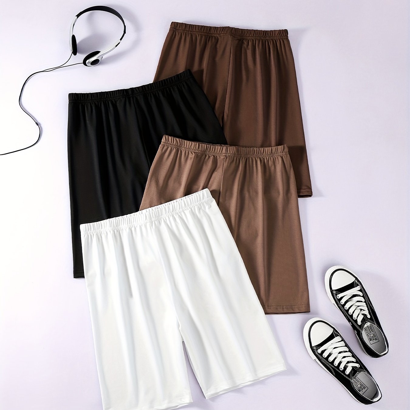 4pcs Solid Biker Shorts Women's Clothing