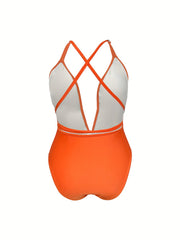 Solid Deep V Neck One Piece Swimsuit With Belt