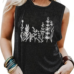 Plant Print Crew Neck Tank Top Summer Sleeveless Casual