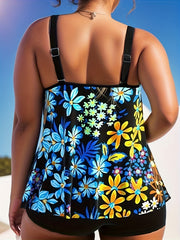 Floral Print Tankini Set Women's Round Neck Cami Top & Shorts Swimsuit