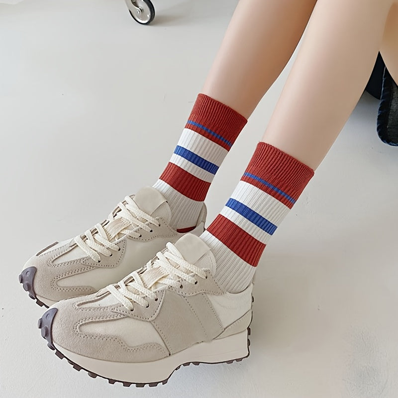 5 Pairs Colorblock Striped Socks Mid Tube Stockings