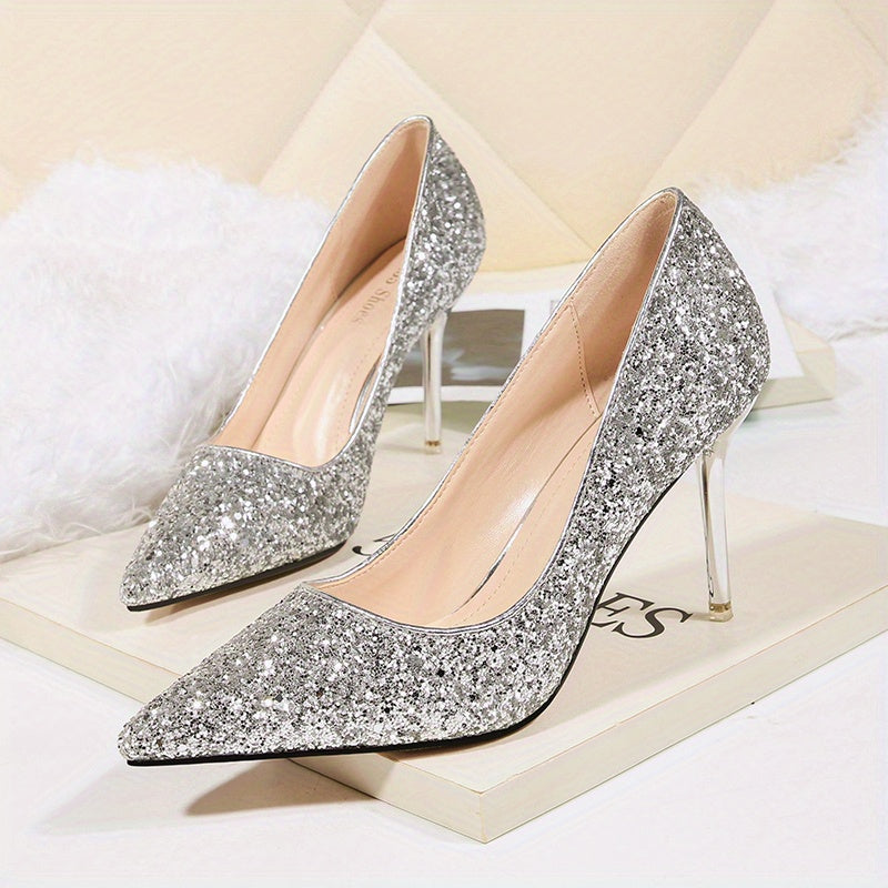 Women's Point Toe Stiletto Heel Sequins Party Shoes