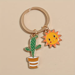 Cartoon Sun Cactus Flower Keychain Key Ring Purse Bag Backpack Car Key Charm