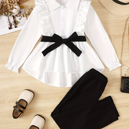 Girl's 3pcs Long Sleeve Shirt & Belt & Pants Set Ruffle Decor