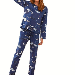 Cartoon Print Lounge Set Top & Pants Women's Loungewear