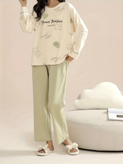 Bear Print Lounge Set Long Sleeve Top & Pants Women's Pajamas