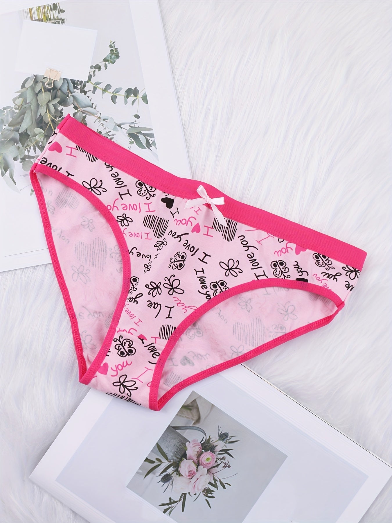 6 Pack Plus Size Panties Set Women's Plus Butterfly & Heart Print Briefs