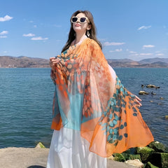 Leaf Print Scarf Orange Gauze Shawl Large Wrap