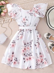 Toddler Girls Ruffle Trim Flowers Graphic Princess Belted Dress