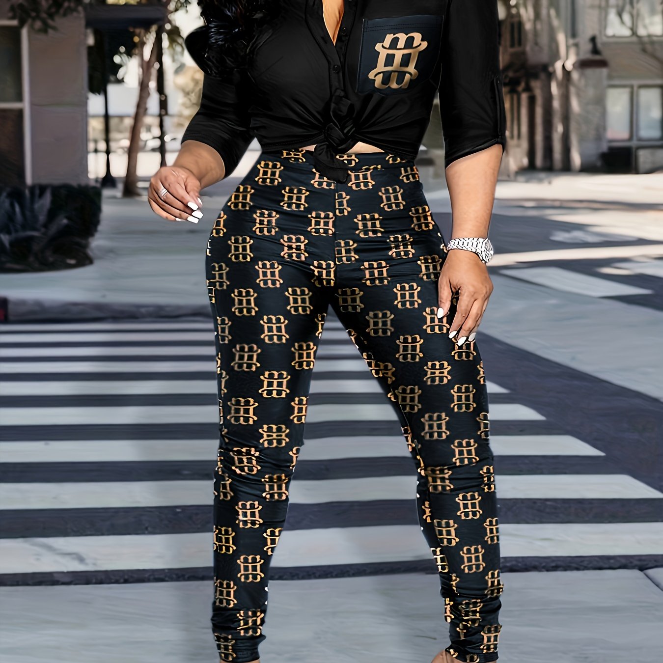 Geometric Print Shirt & Leggings Outfit Set